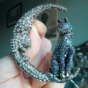 Betsey Johnson Blue and Gold Cat Moon Brooch